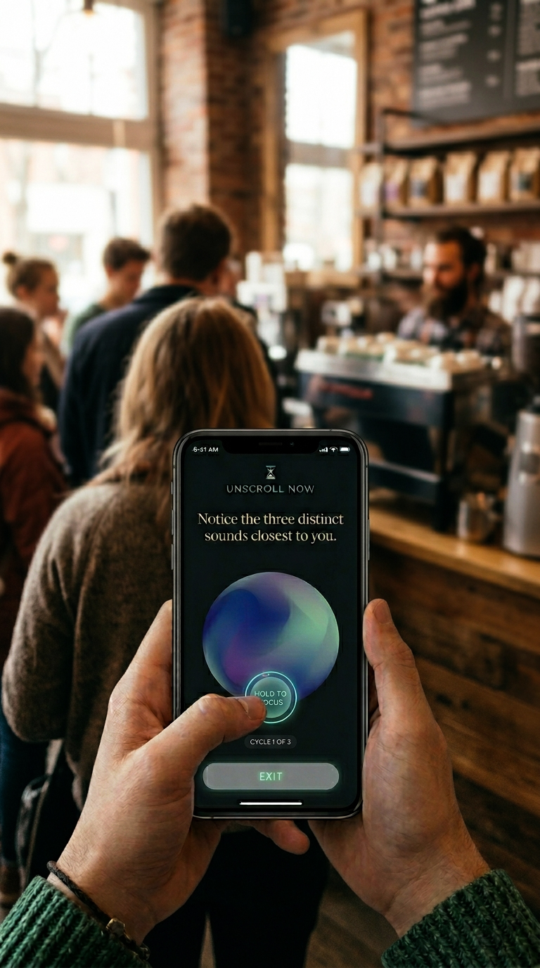 Unscroll Now mindful breathing app waiting for coffee